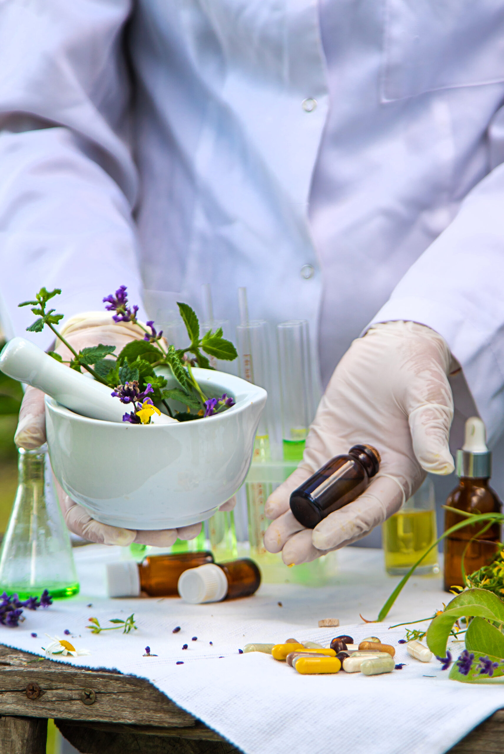 Medicinal herbs homeopathy and alternative medicine. Selective focus.